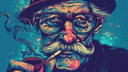 A man with a mustache and glasses is smoking a cigarette. The image has a vintage feel to it, and the man's facial expression suggests a sense of contemplation or introspection