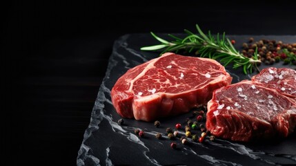 A slab of meat with a few sprigs of rosemary and pepper on top. The meat is cut into two pieces
