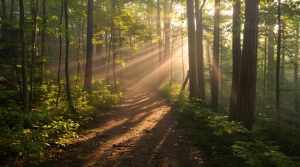 Fototapeta premium A forest trail with sunlight streaming through the trees, summer hike, peaceful nature, beauty, adventure, 