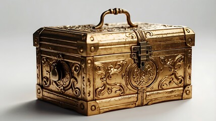Antique Golden box with a lock isolated on white background
