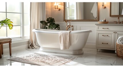 luxurious bathroom with a freestanding tub, marble countertops, and elegant lighting, exuding sophistication and comfort
