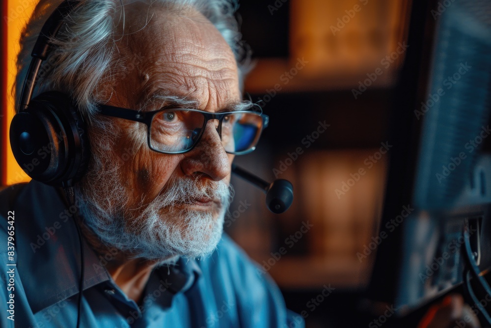 Poster an older man wearing glasses and a headset is sitting in front of a computer monitor. he is focused 