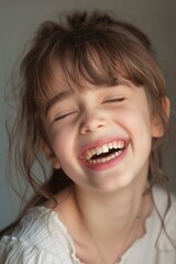 A young girl is smiling and laughing while wearing a white shirt. She has a necklace around her neck and her hair is styled in a ponytail. The image conveys a happy and carefree mood