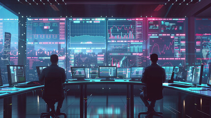 Traders Analyzing Real-Time Data on an AI-Driven Financial Trading Platform in a High-Tech Office Setting