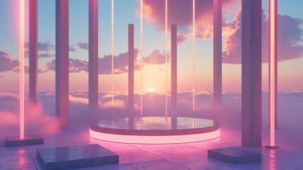 Futuristic Platform with Pink Neon Lights Amidst Clouds and Columns