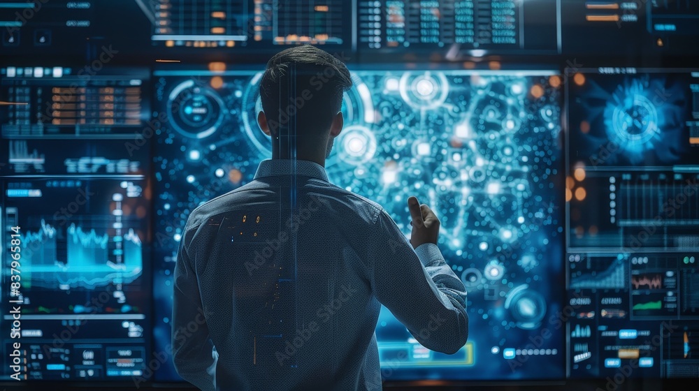 Poster a man stands in front of a large screen displaying complex data visualizations, likely in a control 