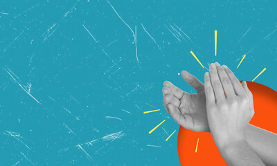 Applause, modern art collage, Female hands applauding on blue background.