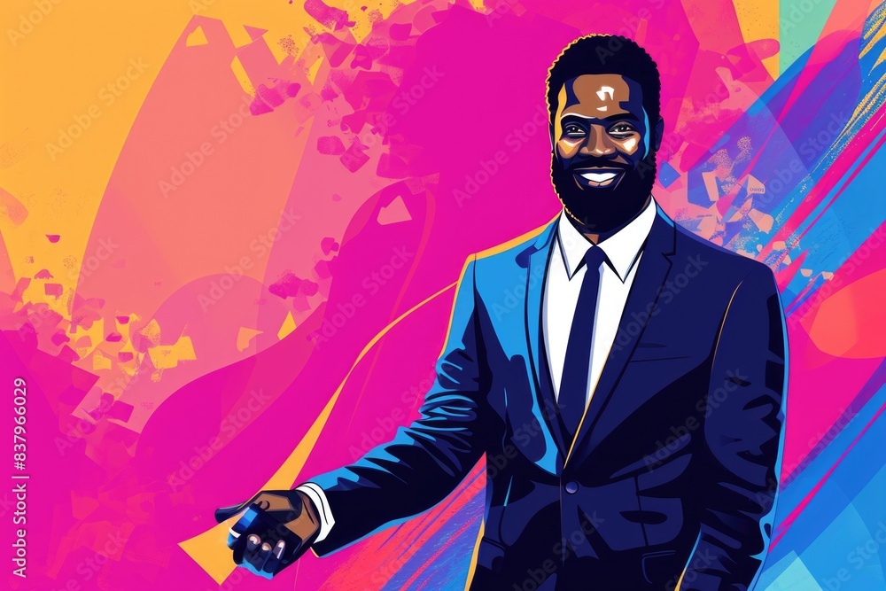 Poster a man in a suit and tie is smiling and pointing to the camera. the image has a colorful and vibrant 