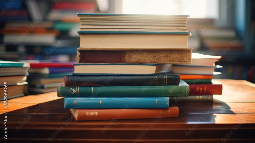 Poster a stack of books on a table with a blue book on top. the books are of different sizes and colors