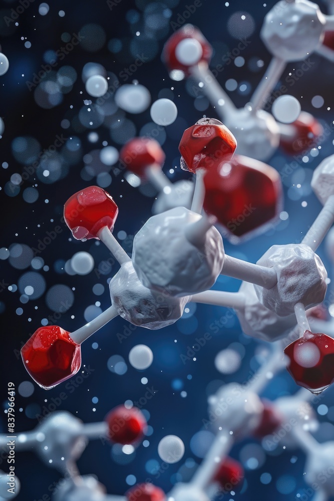Poster a close up of a molecule with red and white parts. the image is a representation of the structure of