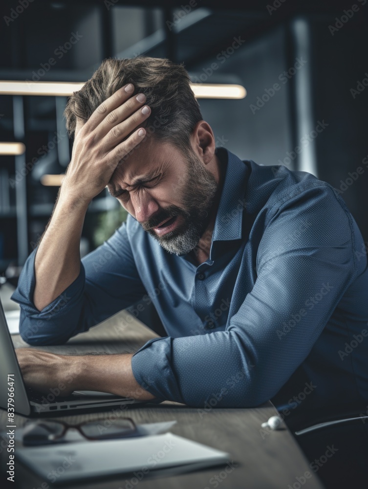 Poster a man is sitting at a desk with a laptop and a stack of papers. he is crying and he is in distress