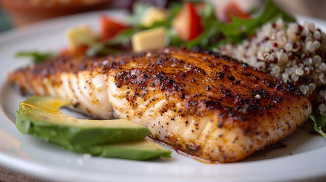 Image of a blackened swordfish steak with a side of quinoa salad and avocado slices
