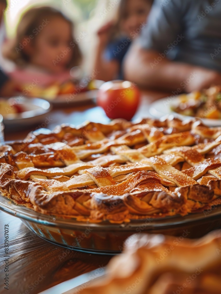 Poster a pie with a lattice crust sits on a table with other food. the pie is surrounded by plates and cups