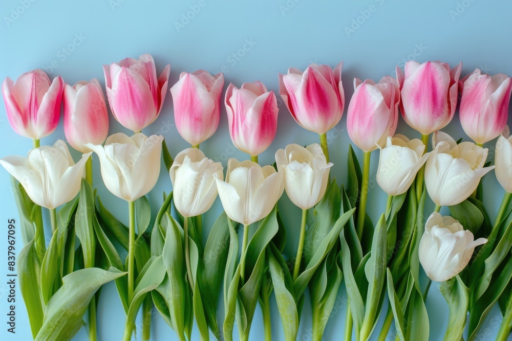 Poster a row of white and pink tulips are arranged in a line. the flowers are in full bloom and are arrange