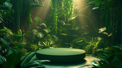 Lush Jungle Scene with Round Platform in a Tropical Forest Setting, podium