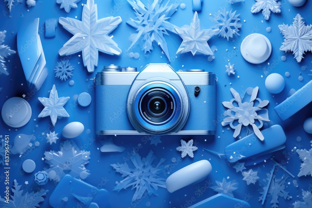 Poster a blue camera is surrounded by snowflakes and other objects. the camera is the main focus of the ima