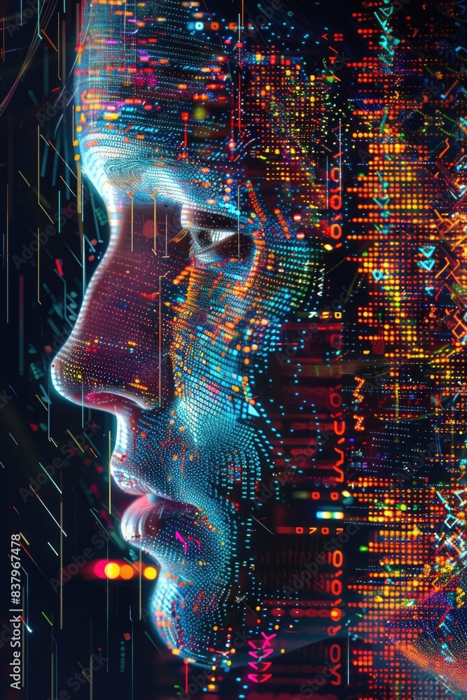 Aufkleber a colorful face with a lot of dots and lines. the face is surrounded by a lot of numbers and letters