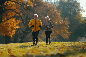 Two older people are running in a park. The man is wearing a yellow jacket and the woman is wearing a gray jacket. The leaves on the trees are changing colors, creating a beautiful autumn scene