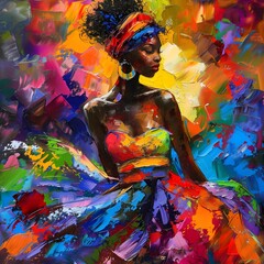 a colourful painting of a black woman (igb) with  a colorful dress in a colorful background.wall ar