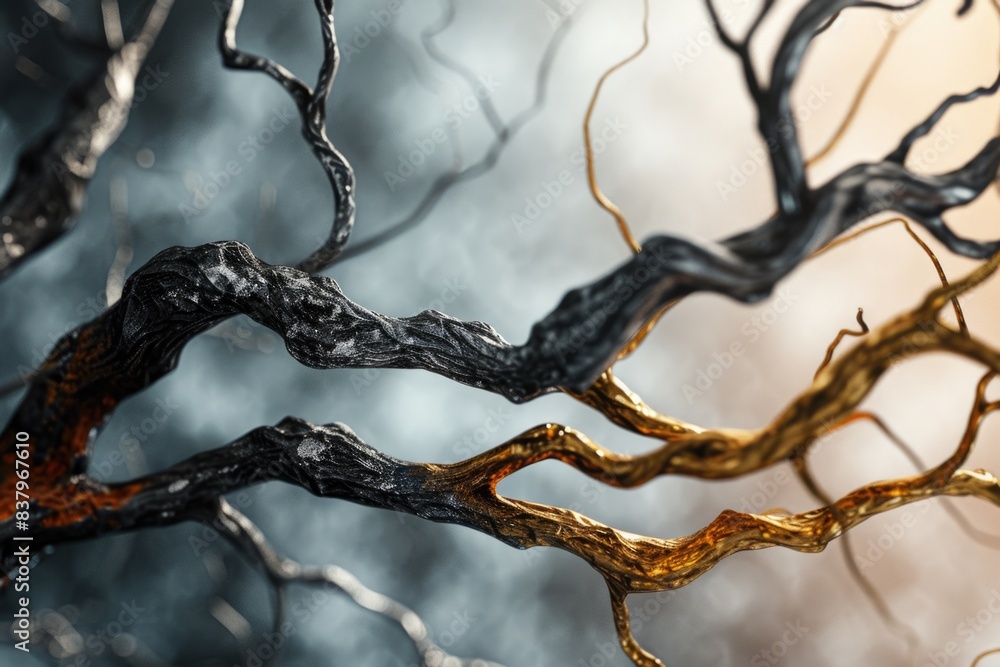 Poster two branches of a tree, one of which is black and the other is gold. the branches are twisted and in