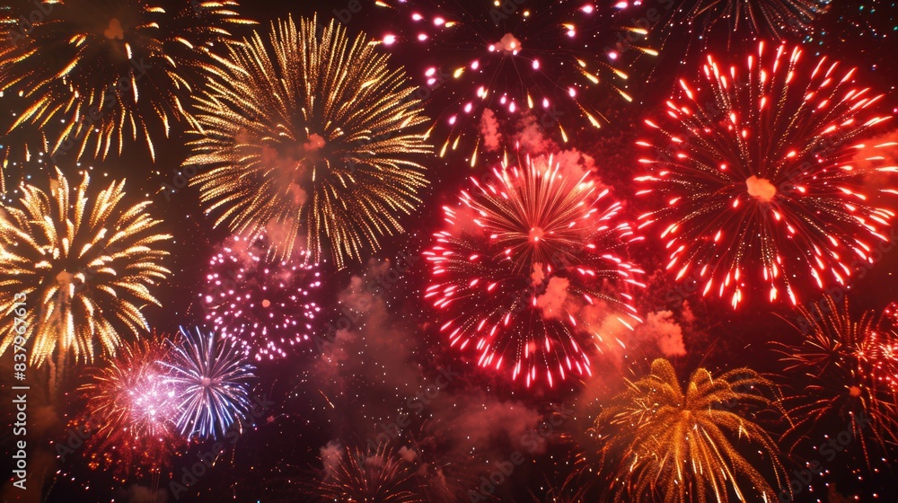Poster a fireworks display with many different colored fireworks. the fireworks are in the air and are very