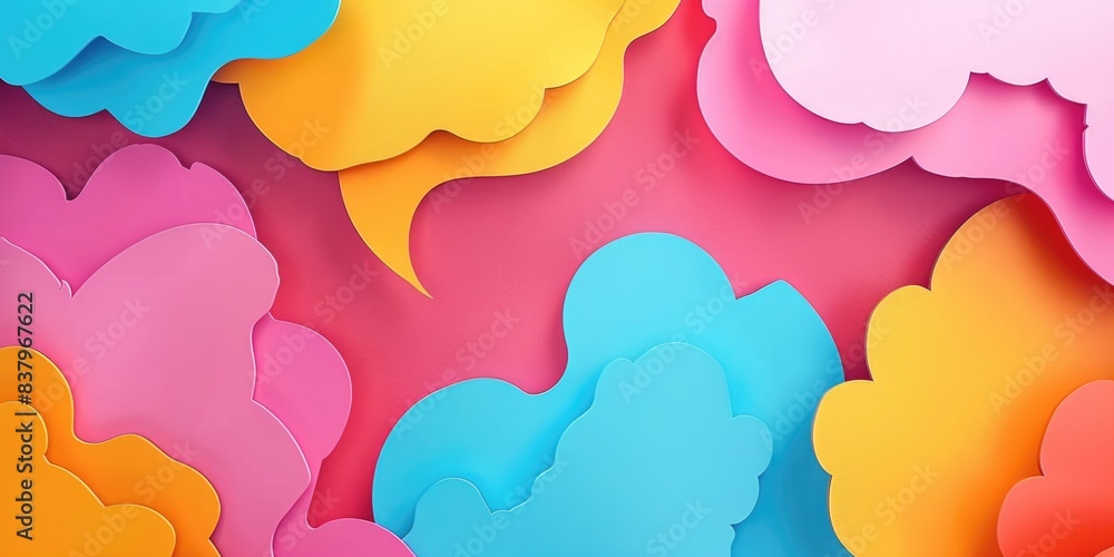 Aufkleber a colorful background with a bunch of paper clouds. the clouds are in different colors and sizes, an