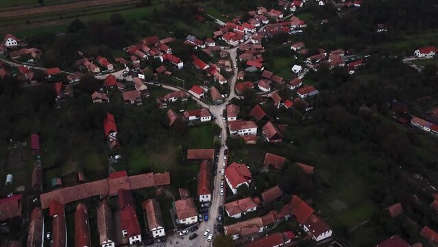 Amazing drone top down drone shot of the iconic traditional houses of Torocko, Rimetea, Romania