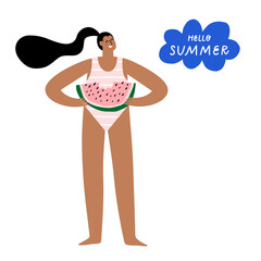 Woman eating watermelon and relaxing on the beach. Hello summer lettering.