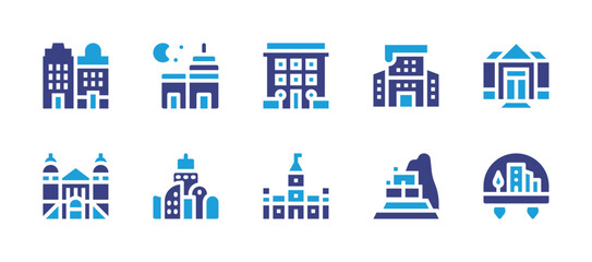 City icon set. Duotone color. Vector illustration. Containing buildings, nursinghome, city, bomjesusdomonte, night, house, machupicchu, parliament.