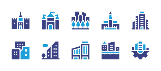 City icon set. Duotone color. Vector illustration. Containing smartcity, building, greens, flood, skyscrapper, castle, casablanca, company.