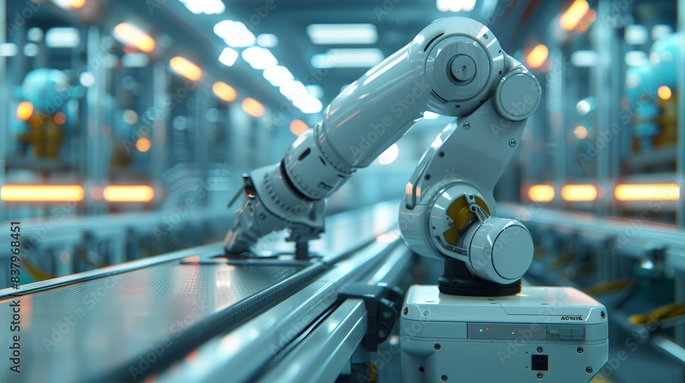 Poster a close-up shot of a robotic arm working on an assembly line in a modern factory. the robots arm is 