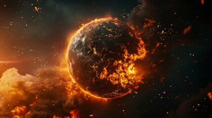 Burning Earth globe, end of the world, complete destruction of planet due to global warming, burning earth damage.