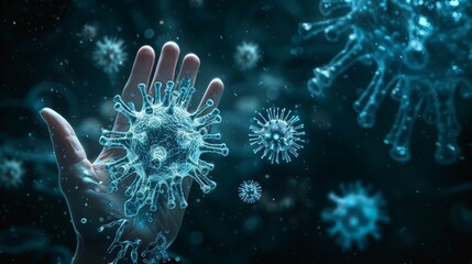 A hand reaches out towards a large, blue virus in a digital 3D illustration. The virus is surrounded by smaller viruses, all floating in a dark blue space