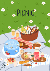 Hello Summer picnic card. Postcard with blanket on grass, food, fruits, baskets full of delicious, cake. Vertical vacation poster with lemonades, snacks. Colored flat vector illustration
