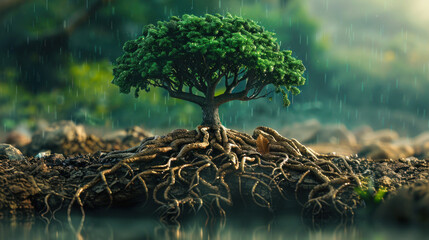 Rain falling on a vibrant, solitary tree