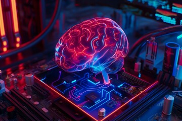 Futuristic Transparent Brain Model on Circuit Board Representing Advanced AI Technology