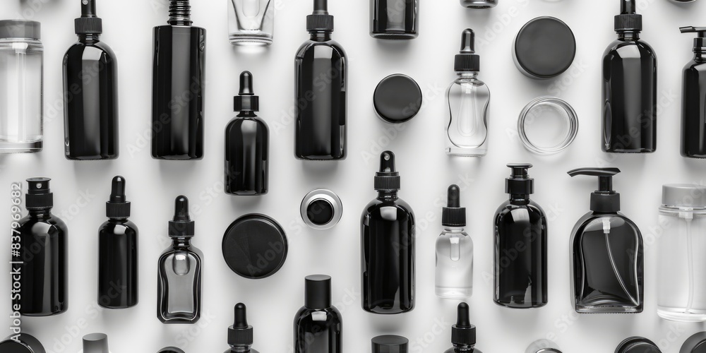 Poster a collection of various sized bottles and vials, some of which are clear and some of which are black