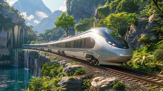 Advanced electric train powered by renewable energy, sleek design, traveling through scenic landscape