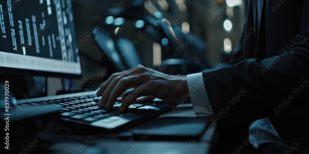 Poster a man is typing on a computer keyboard in a dark room. concept of focus and concentration as the man