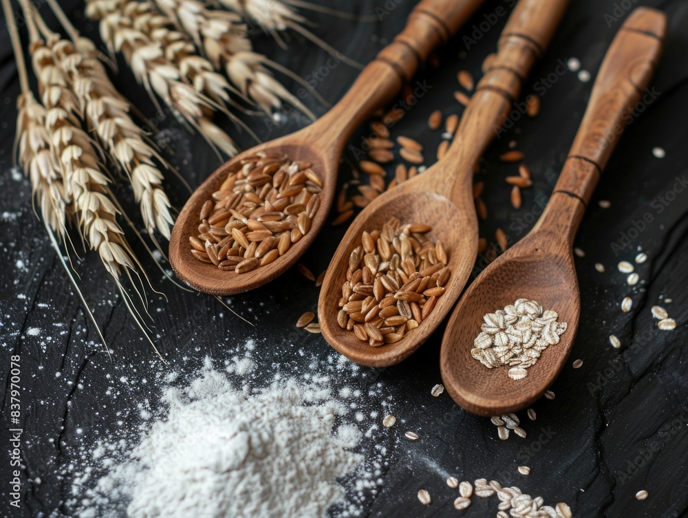 Poster three spoons with different grains of rice on a black surface. the spoons are arranged in a row, wit