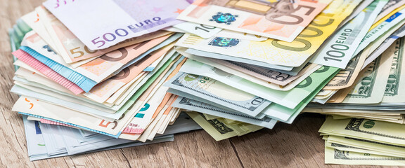 different values of European union money currency. Euro cash background