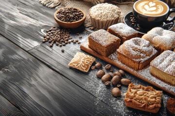 Fototapeta premium Close-up of blondies on a wooden table, with coffee beans and a steaming cappuccino, ideal for a delicious breakfast