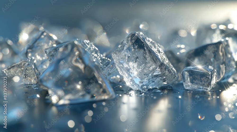 Poster a close up of ice cubes on a blue surface. the ice cubes are scattered and some are larger than othe