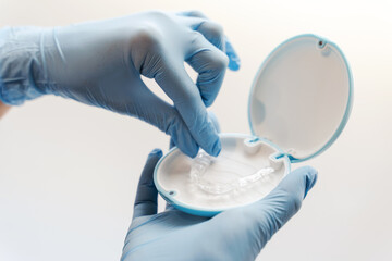 Dentist doctor in latex gloves holding orthodontic aligners, selective focus on hand