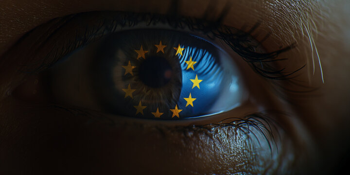 Auge Iris mit Europa Fahne im Blickfeld als Spiegelung