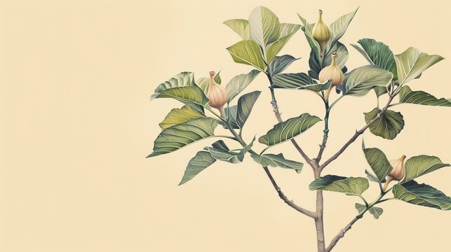 Biblical Illustration of the Parable of the Fig Tree: Fig Tree Sprouting Leaves as Sign of Summer, Beige Background, Copyspace