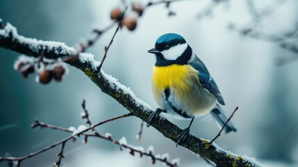 Fototapeta premium A small bird is perched on a branch covered in snow. The bird is yellow and blue, and it is enjoying the winter weather. The scene is peaceful and serene