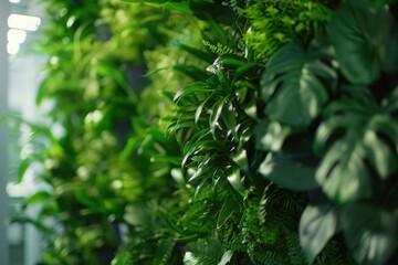 A collection of green plants hanging from a wall, ideal for interior design or event decoration