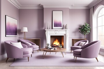 Fototapeta premium Luxury American Style Lounge Room with Mauve Chairs and Large Fireplace - Cozy Living Room Design