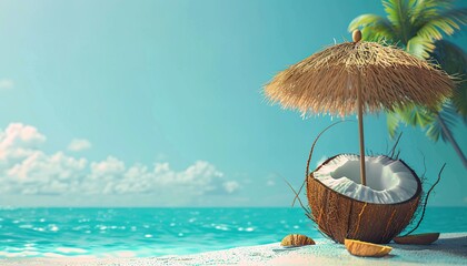 Creative minimal summer idea made of coconut fruit, sun umbrella, and tropical beach concept. Coconut fruit, sun umbrella, tropical beach concept, summer vacation, beach holiday.